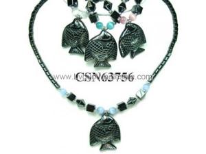 Cat's Eye Opal with Hematite Stone Beads Goldfish Charm Choker Collar Pendant Necklace